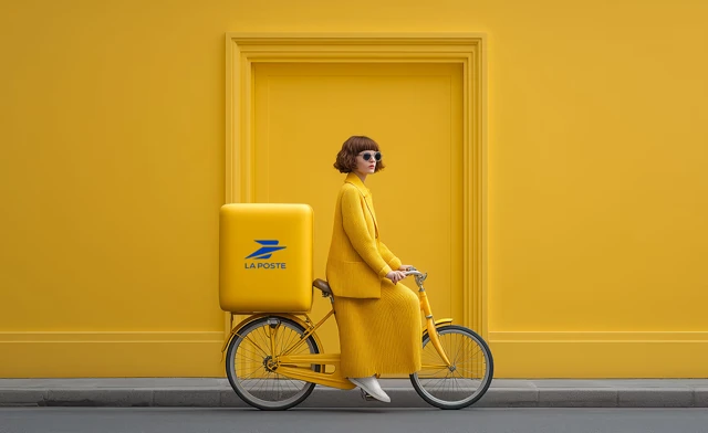 Personnage et vélo jaunes portant une boîte aux couleurs de La Poste.