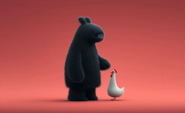 Illustration d’un ours face à une petite poule.