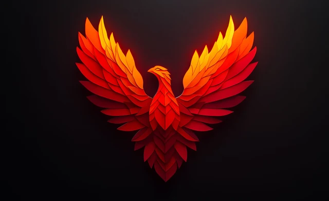 Phénix rouge et orange aux ailes déployées sur un fond noir.