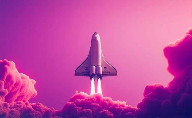 Navette spatiale décollant dans un ciel rose.