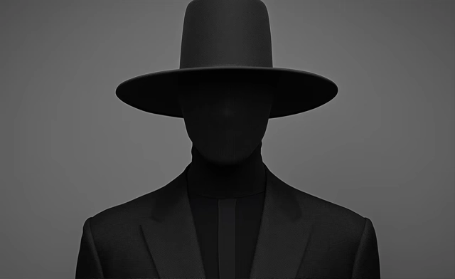 Silhouette sombre portant un costume et un grand chapeau.