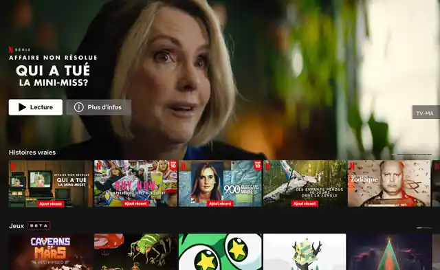 Interface Netflix présentant un documentaire et plusieurs rangées de recommandations.