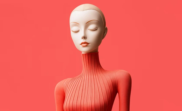 Buste stylisé d’une femme aux yeux fermés sur un fond rouge.