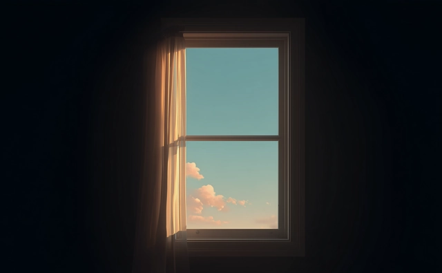 Fenêtre éclairée ouverte sur un ciel bleu dans une pièce sombre.