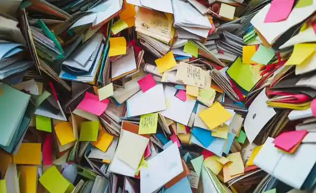 Amas de livres, de feuilles et de notes adhésives colorées.