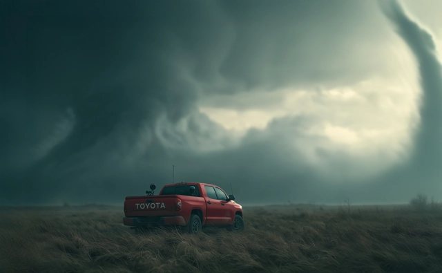 Camionnette rouge Toyota sous un ciel orageux.