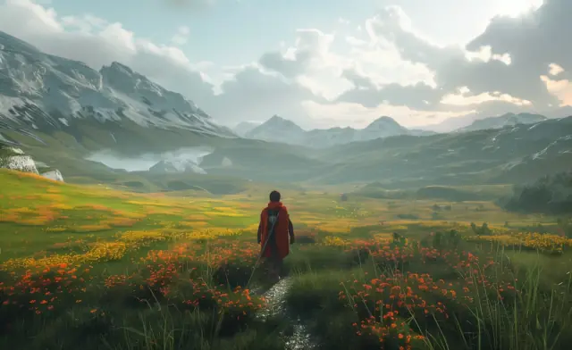 Personnage parcourant une prairie fleurie entre des montagnes.