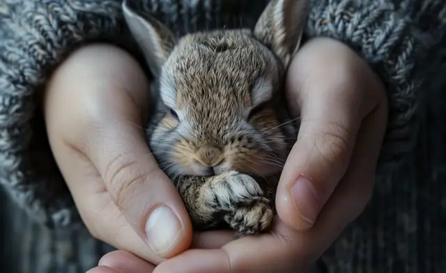 Lapin blotti dans deux mains.