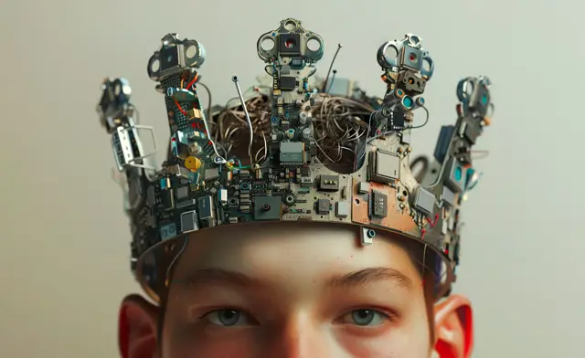 Enfant coiffé d’une couronne composée de petits robots.