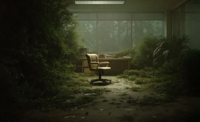 Bureau abandonné envahi par la végétation.