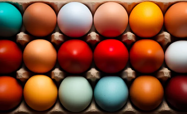 Œufs de couleurs variées rangés dans des alvéoles.