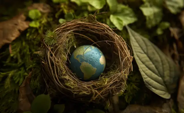 Globe terrestre placé dans un nid.