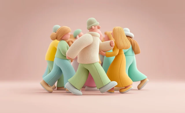 Groupe de personnages illustrés marchant ensemble.