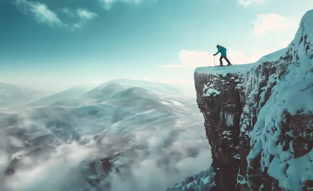 Personne au bord d’une falaise enneigée dominant les montagnes.