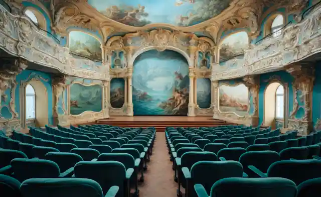 Salle de spectacle aux fauteuils bleus et au plafond richement décoré.
