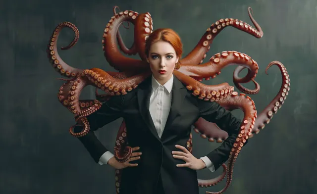 Femme en costume entourée de tentacules de pieuvre.