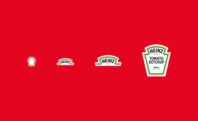 Quatre versions du logo Heinz, du symbole simplifié à l’étiquette complète.
