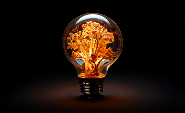 Ampoule renfermant des formes dorées évoquant une idée en croissance.