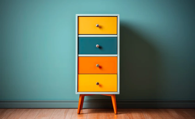 Petit meuble aux tiroirs de couleurs différentes.