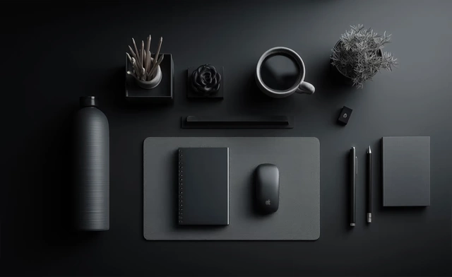 Accessoires de bureau noirs disposés de façon ordonnée.