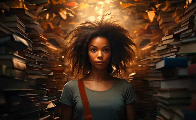 Personne entourée de piles de livres.
