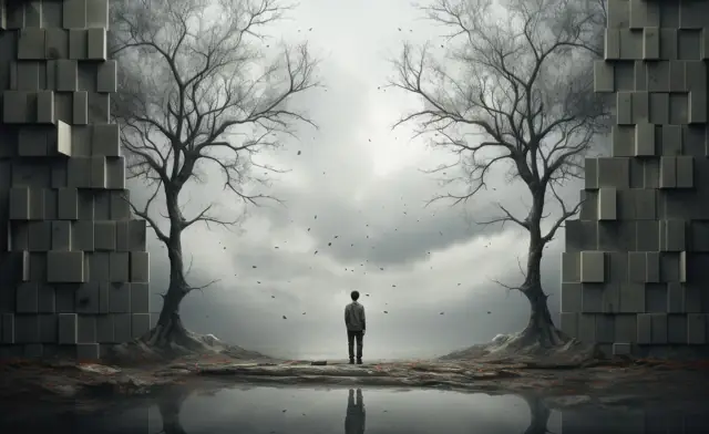 Personnage devant une ouverture entre deux murs et deux arbres dénudés.