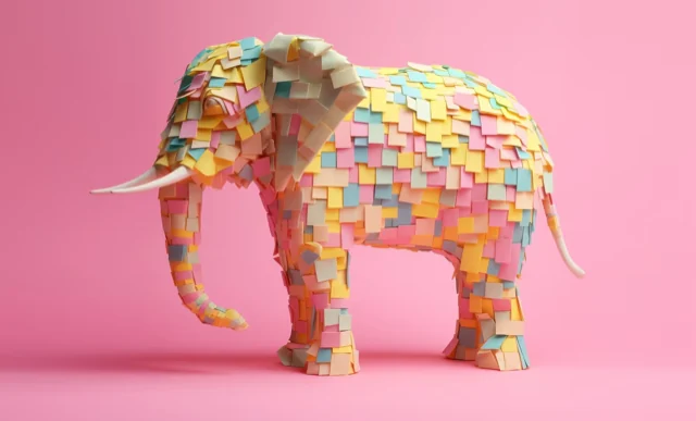 Éléphant recouvert de notes adhésives multicolores.