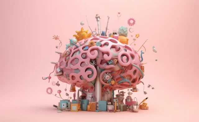 Cerveau illustré comme un atelier rempli de petits objets et de mécanismes.