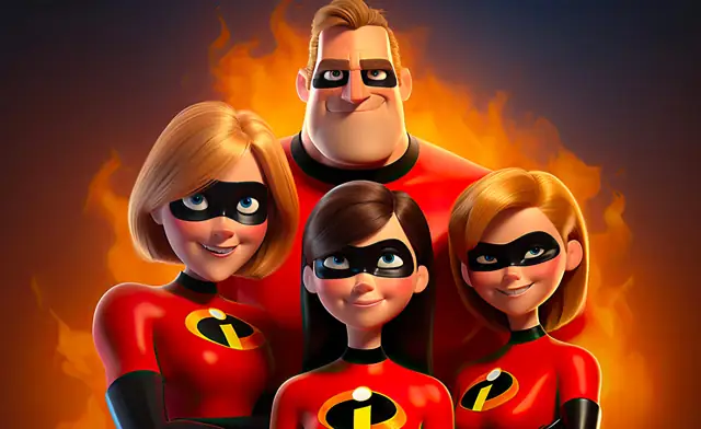 Illustration d’une famille de superhéros en costumes rouges.