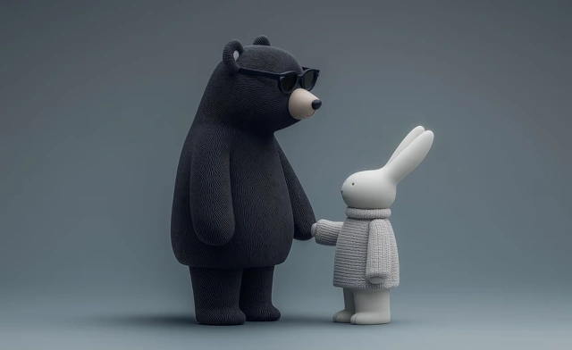 Ours en lunettes noires tenant la main d’un petit lapin.