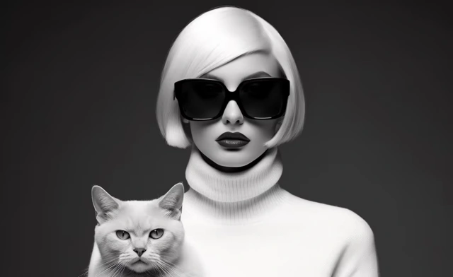 Portrait en noir et blanc d’une femme en lunettes de soleil tenant un chat.