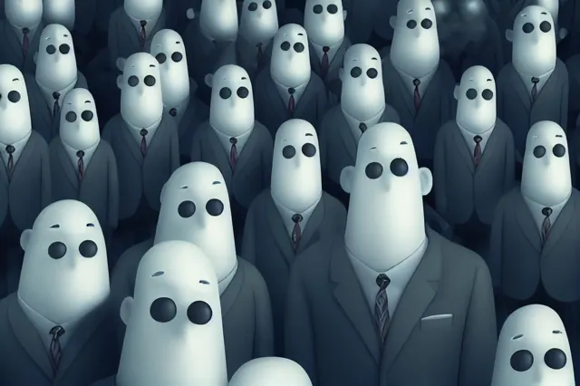 Foule de personnages fantomatiques en costume.