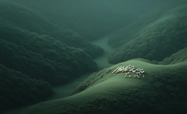 Troupeau regroupé sur une colline dans un paysage vert et brumeux.