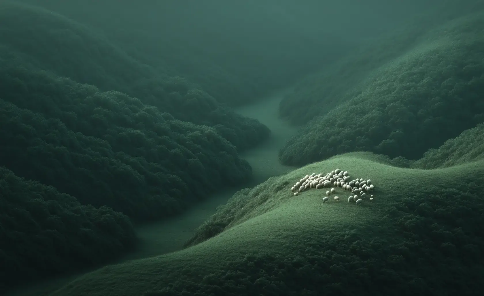 Troupeau regroupé sur une colline dans un paysage vert et brumeux.