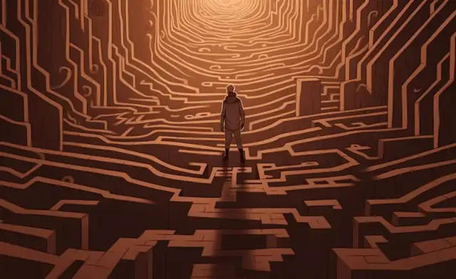 Personnage au milieu d’un labyrinthe dont les lignes évoquent un circuit électronique.