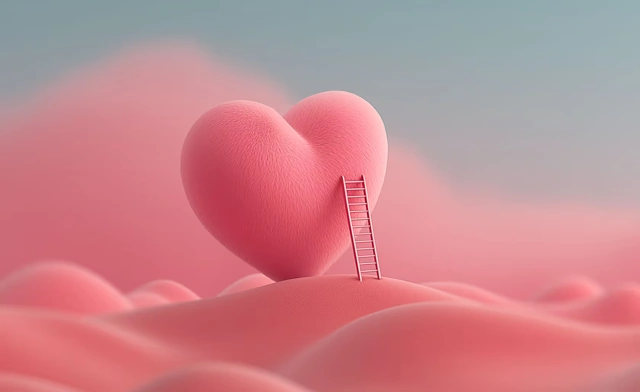 Échelle appuyée contre un grand cœur rose.