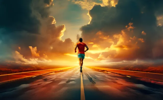 Personne courant vers un horizon lumineux sous un ciel nuageux.