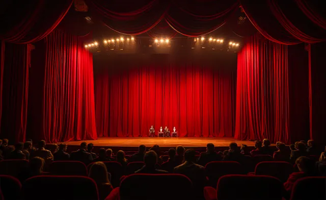 Scène de théâtre fermée par un rideau rouge devant un public.