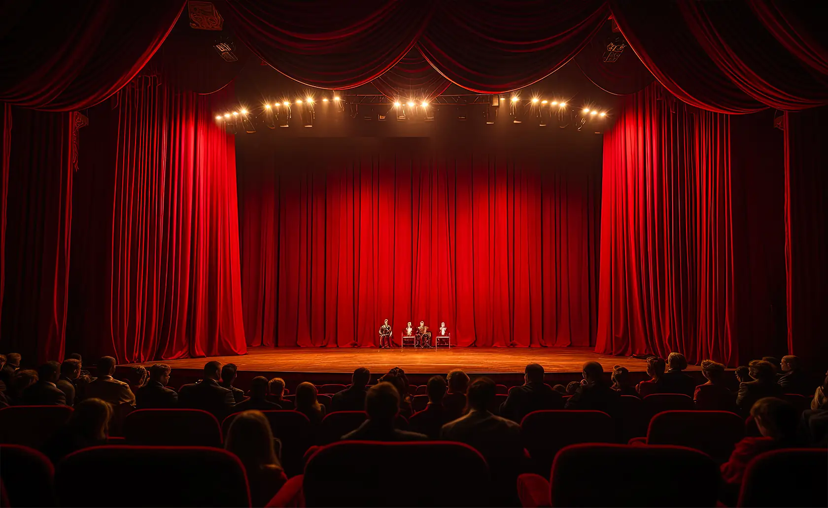 Scène de théâtre fermée par un rideau rouge devant un public.