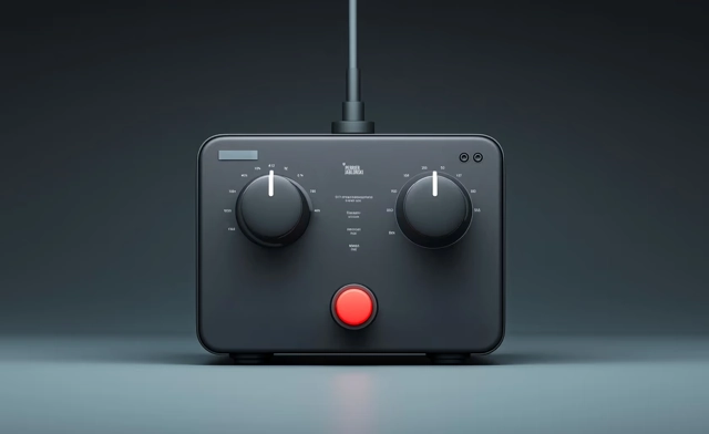 Boîtier de commande avec deux boutons rotatifs et un bouton rouge.