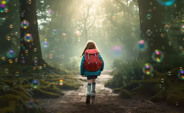 Enfant portant un sac à dos et marchant sur un sentier forestier.