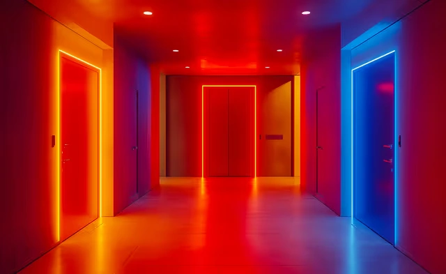 Couloir éclairé par des portes et des néons rouges et bleus.
