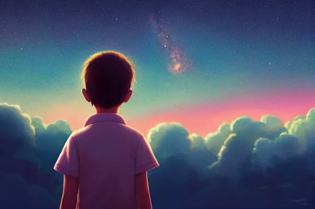 Enfant vu de dos face à un ciel étoilé multicolore.