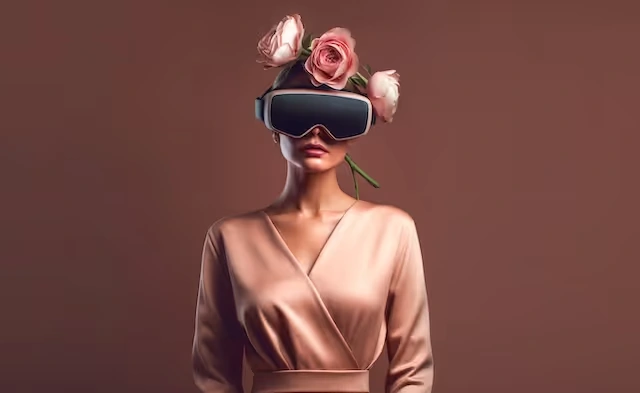 Personne portant un casque de réalité virtuelle et une couronne de fleurs.