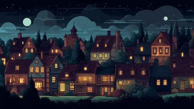 Village illustré de nuit sous les étoiles.