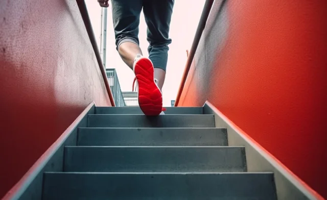 Personne en chaussures rouges montant un escalier.