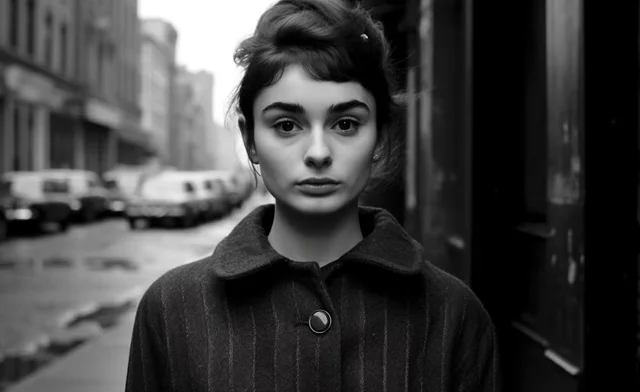 Portrait en noir et blanc d’une jeune femme dans une rue.