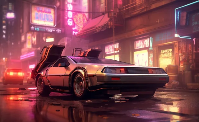 Voiture futuriste dans une rue éclairée par des néons.