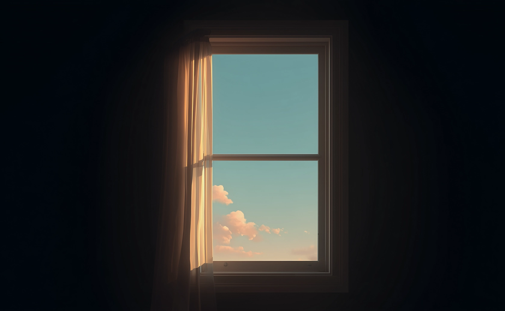 Fenêtre éclairée ouverte sur un ciel bleu dans une pièce sombre.