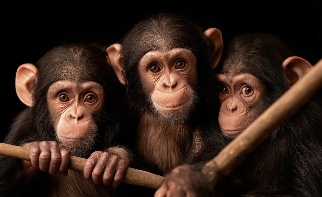 Trois jeunes chimpanzés tenant des branches.
